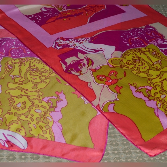 Vintage Silk Scarf Long Leopard Cat Cats Pop Art by Ron CHERESKIN 1970s Rare - Picture 2 of 12